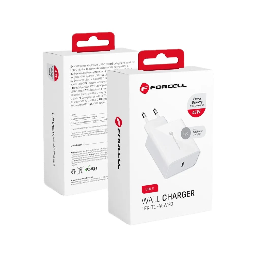 FORCELL Caricabatteria da rete con USB Type C - 3A 45W con funzione di carica PD e Quick Charge 4.0